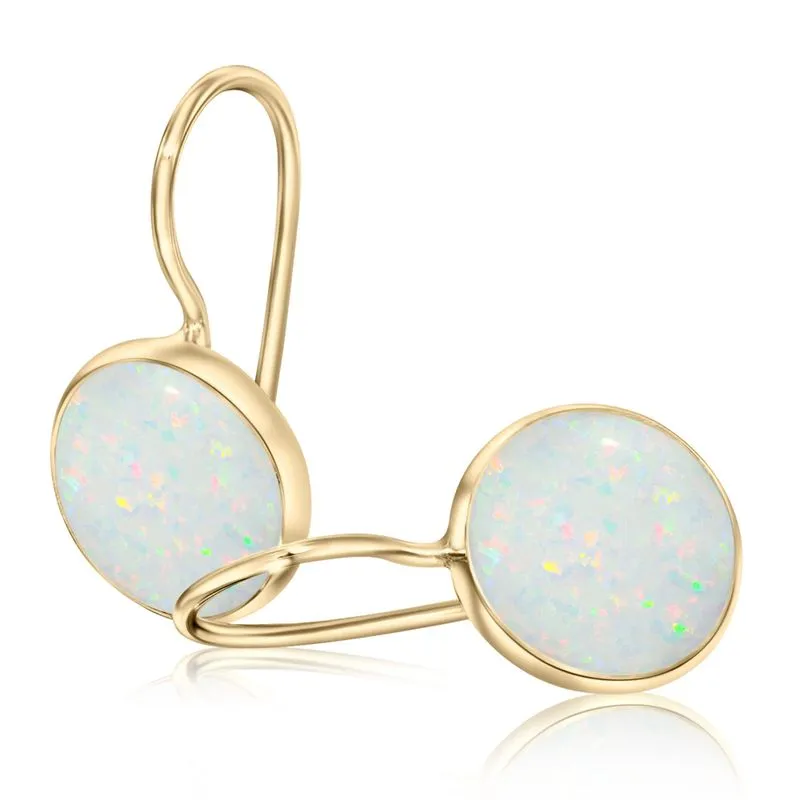 14K Yellow Gold Round White Opal 8mm Dangle Earrings