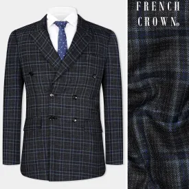 Bleached Black and Marine Blue Plaid Double Breasted Tweed Blazer