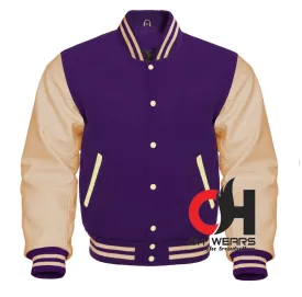 Purple Wool and Genuine Cream Leather Varsity Sleeves Jacket