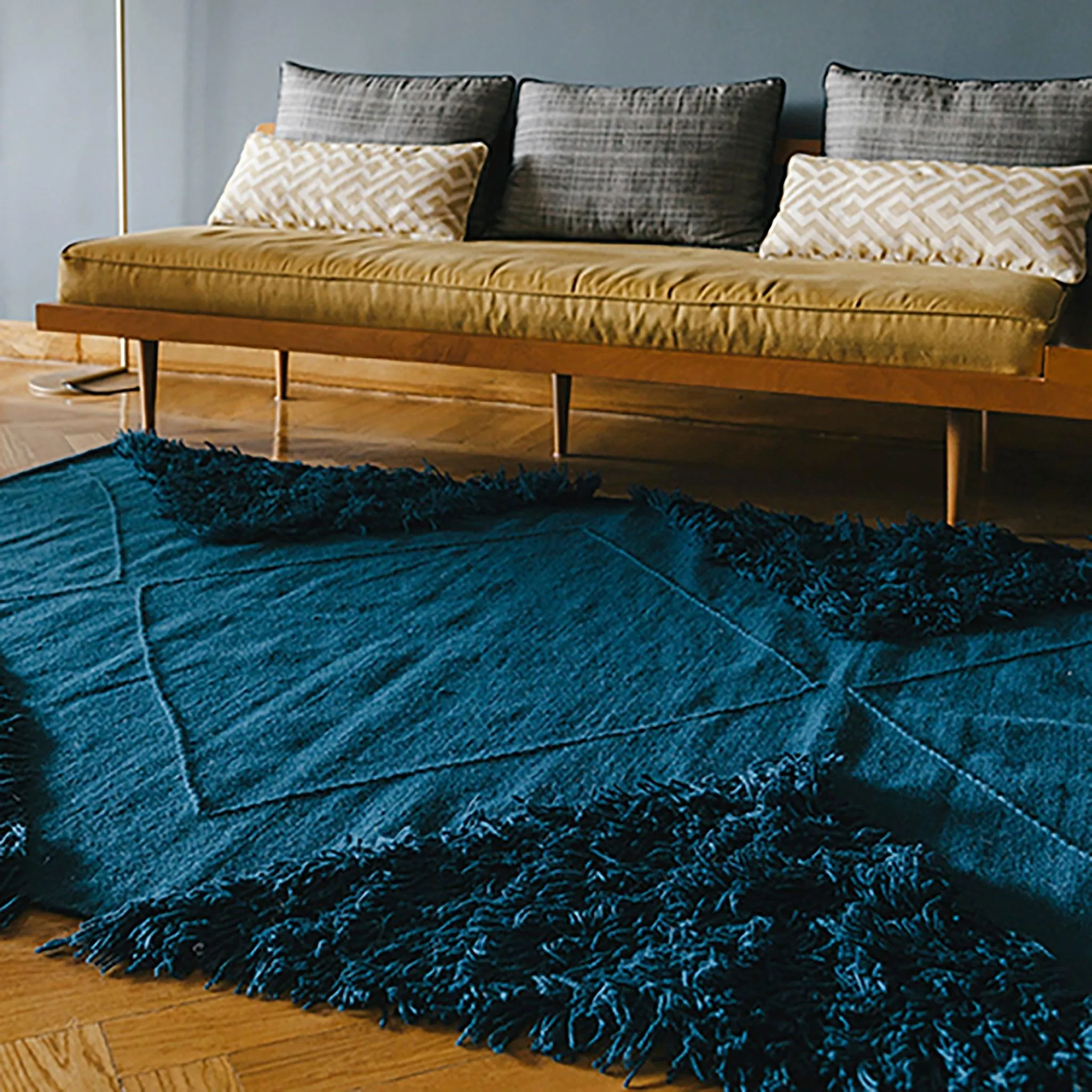 Teal Blue Wool Tufted Rug