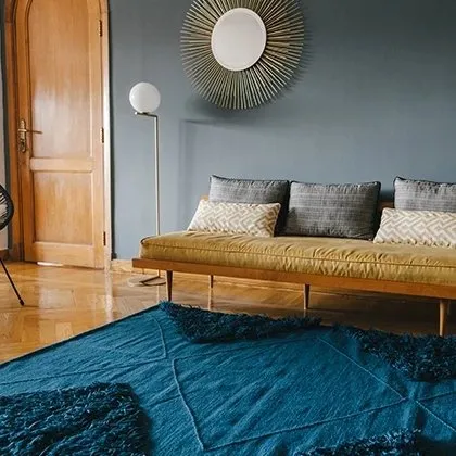 Teal Blue Wool Tufted Rug